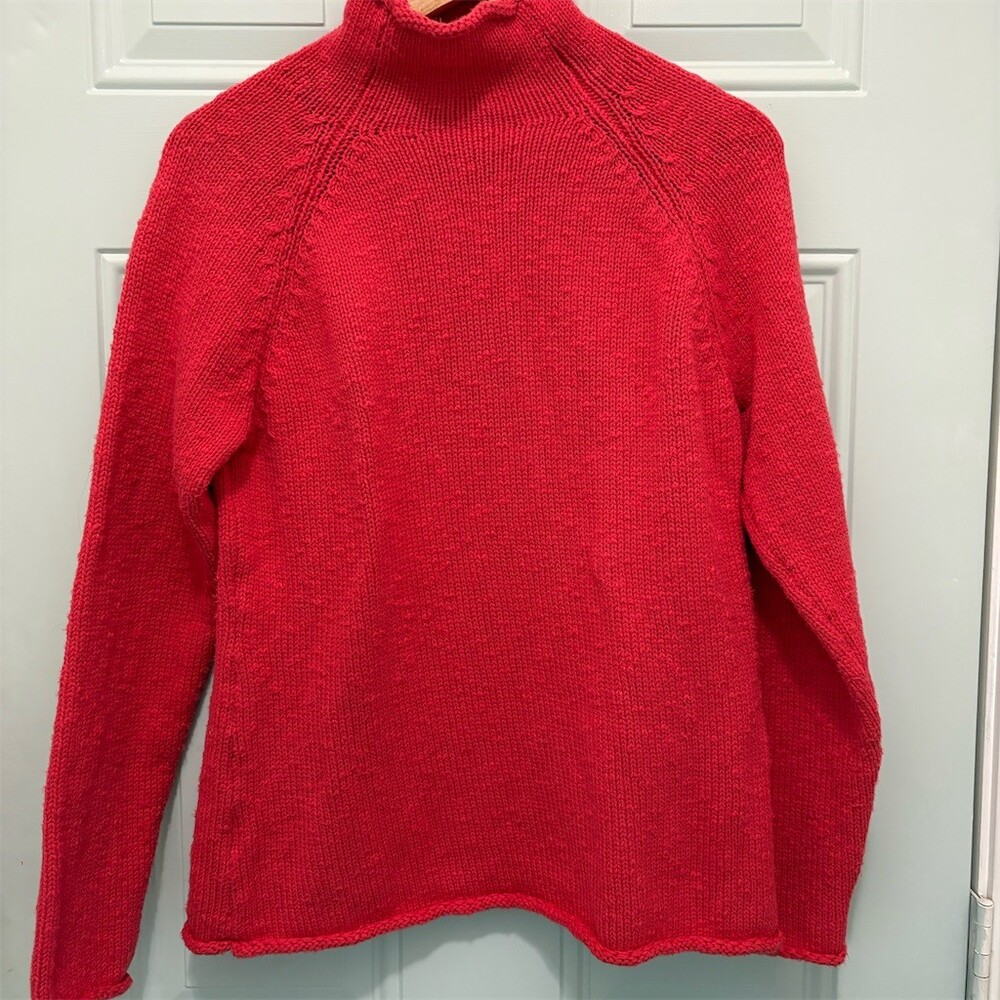L.L.Bean Sweater Womens Size L Orange Mock Neck Chunky Knit Pullover